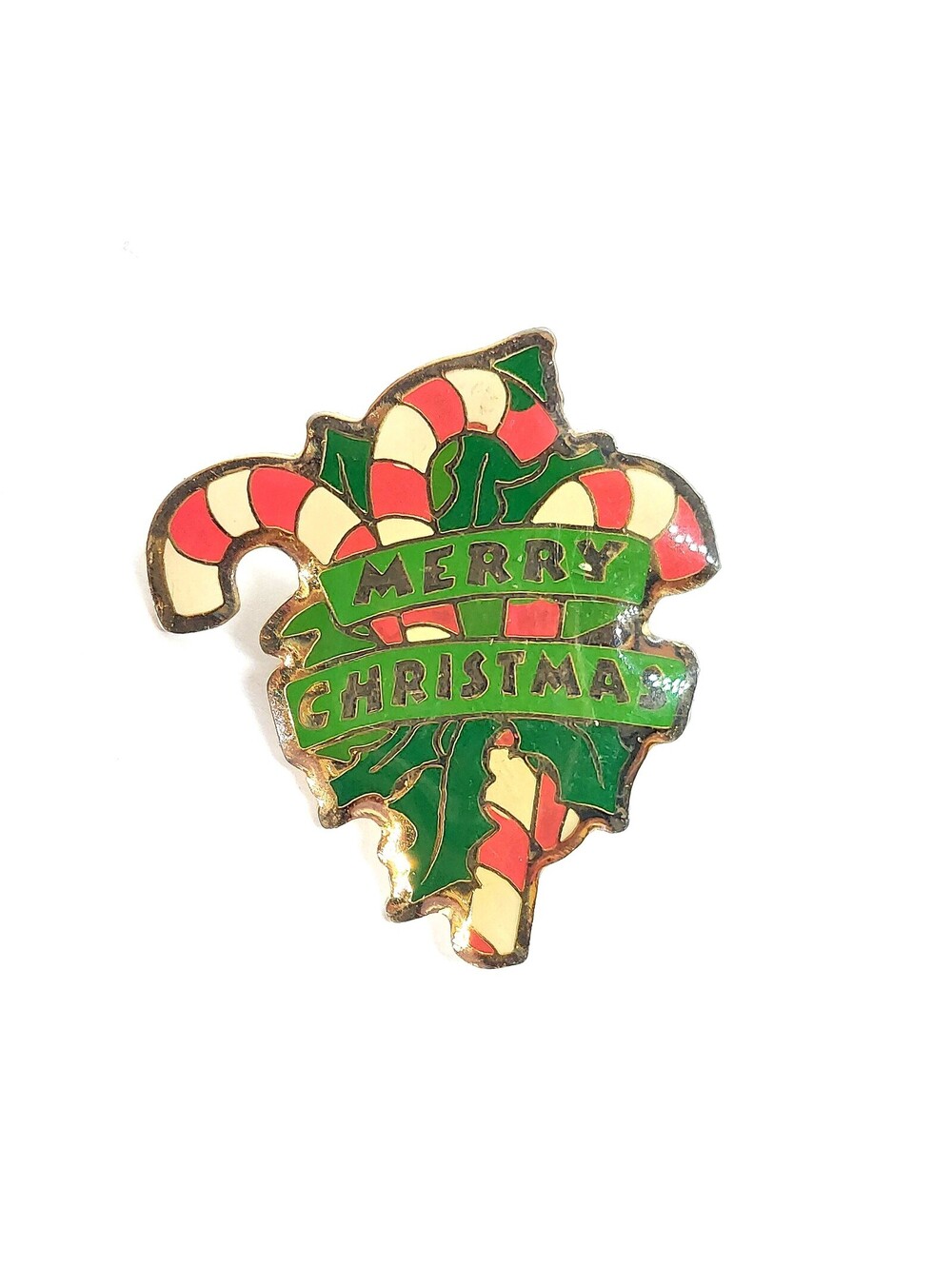 Vintage Merry Christmas Candy Canes Enamel Pin Holiday Banner Festive Lapel
